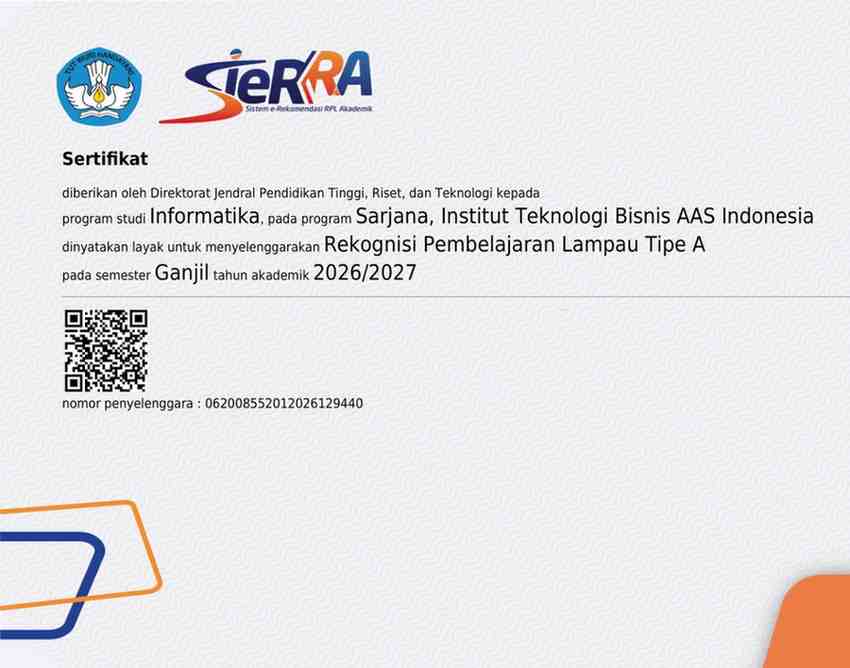 sertifikat resmi RPL S1 Informatika ITB AAS Indonesia untuk program kuliah karyawan, kuliah online, dan percepatan gelar sarjana dengan biaya terjangkau.