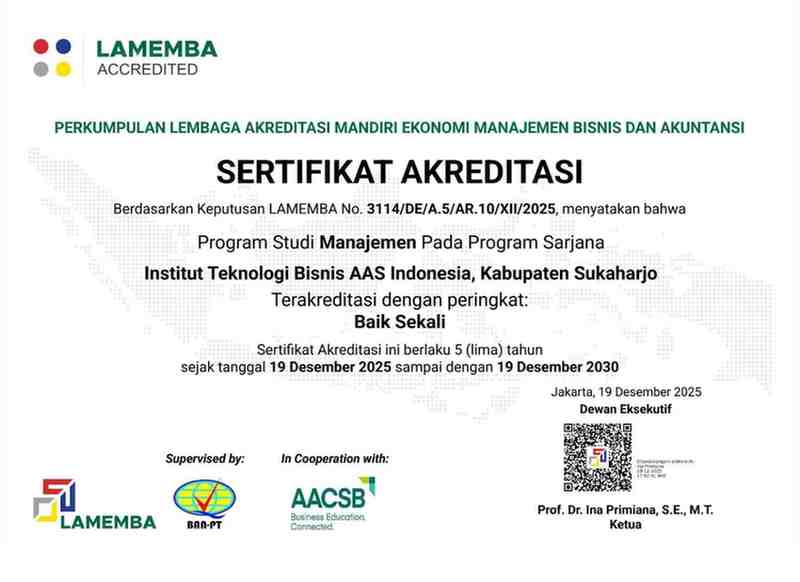 sertifikat akreditasi Program Studi S1 Manajemen ITB AAS Indonesia terbaru. Bukti resmi kualitas pendidikan unggul untuk calon mahasiswa yang mencari kampus terbaik di Solo Raya.