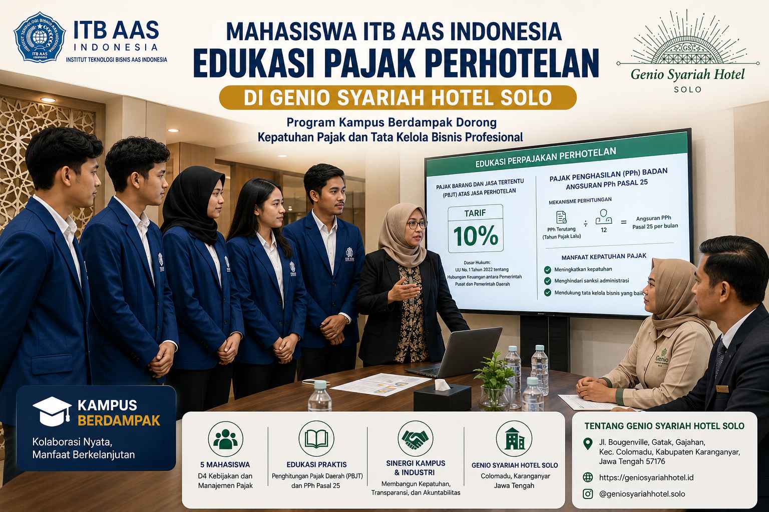 Mahasiswa D4 Kebijakan dan Manajemen Pajak ITB AAS Indonesia memberikan edukasi penghitungan pajak perhotelan