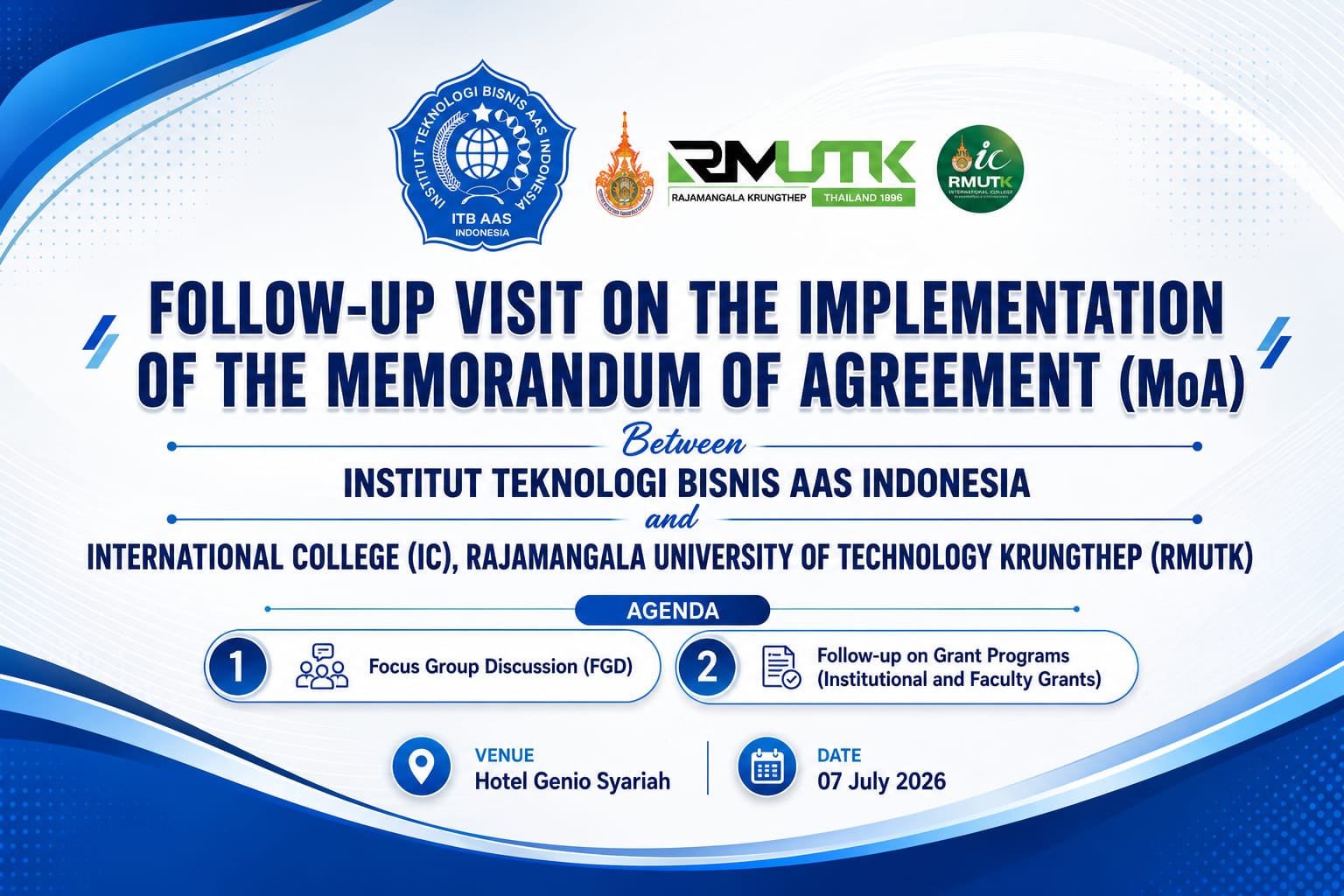 ITB AAS Indonesia menyambut delegasi IC-RMUTK Thailand dalam kerja sama internasional untuk program dual degree dan joint research.