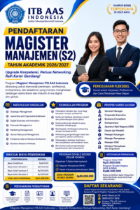 Institut Teknologi Bisnis (ITB) AAS Indonesia secara resmi membuka Pendaftaran Mahasiswa Baru Program Magister Manajemen (S2 MM) Tahun Akademik 2026/2027. Program ini hadir sebagai solusi bagi para lulusan sarjana (S1), profesional, pengusaha, maupun aparatur sipil negara (ASN) yang ingin meningkatkan kompetensi manajerial dan memperluas peluang karier di era bisnis digital dan global.